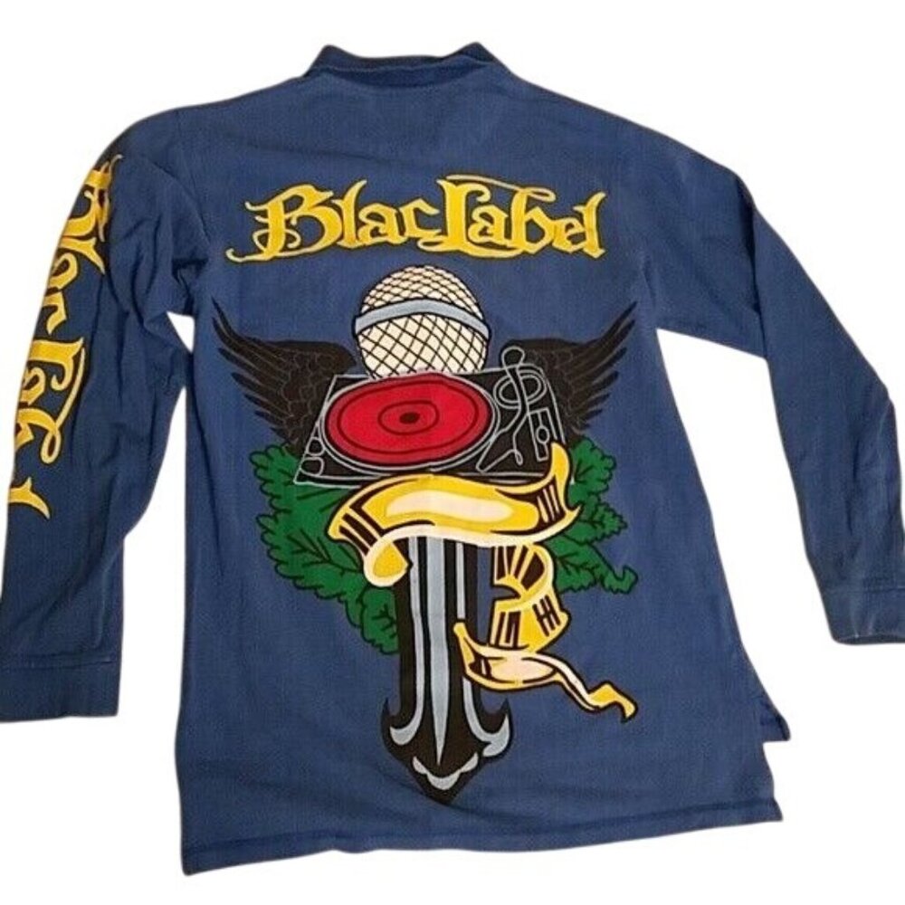 Blac Label Pullover Shirt Long Sleeve Blue Record Player Graphic 3 Button Large